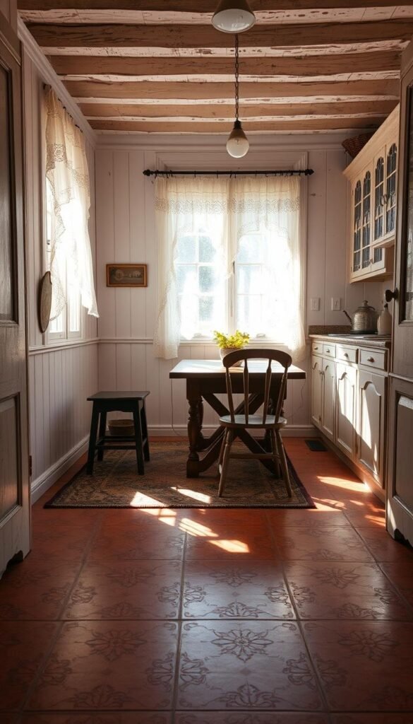 An inviting vintage kitchen with a warm, rustic ambiance. Sunlight filters through lace curtains, casting a soft glow over a charming tile floor in muted earth tones. The tiles feature a classic, repeating pattern with subtle variations, creating a sense of timeless elegance. Surrounding the room, whitewashed wood paneling and distressed cabinetry evoke the charm of a cozy cottage. A worn, antique rug adds a touch of character, while a sturdy wooden table and weathered chairs complete the timeless, homey aesthetic. This harmonious blend of textures and tones sets the stage for a welcoming, lived-in kitchen space.