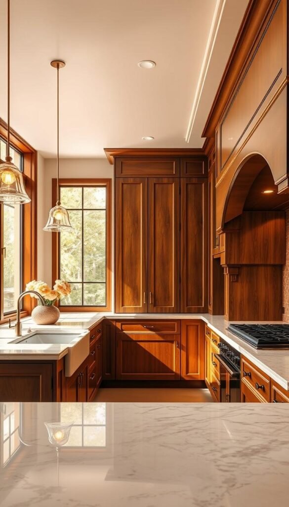 An opulent kitchen bathed in warm, golden light, with sleek marble countertops and rich wood cabinetry in a deep, luxurious shade. The backsplash features intricate tile patterns in muted earth tones, complementing the overall color palette. Strategically placed pendant lights cast a soft, ambient glow, while large windows allow natural light to flow in, creating a harmonious blend of modern and classic elements. The space exudes an air of sophistication and elegance, inviting the viewer to imagine preparing gourmet meals in this tranquil, high-end setting.
