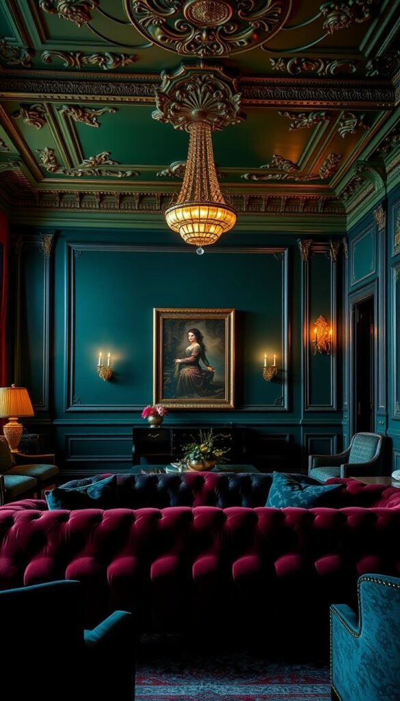 An opulent living room interior with dramatic color palettes that transform the space into a moody, intimate atmosphere.