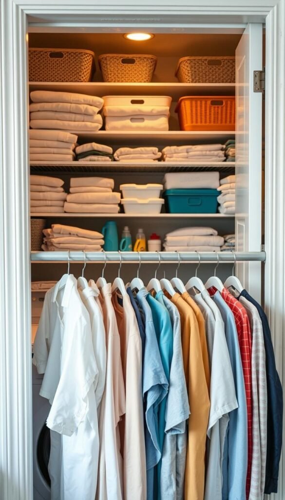 An organized and tidy laundry closet, with a variety of shelves, baskets, and storage solutions neatly arranged behind a partially open door. The lighting is soft and warm, casting a gentle glow on the carefully curated items. The shelves are filled with meticulously folded linens, color-coded detergents, and a collection of cleaning supplies. In the foreground, a hanging rod supports an array of freshly laundered garments, their crisp folds and vibrant hues creating a visually appealing display. The overall scene conveys a sense of efficiency, tranquility, and a well-thought-out approach to maximizing limited space in a small laundry room.