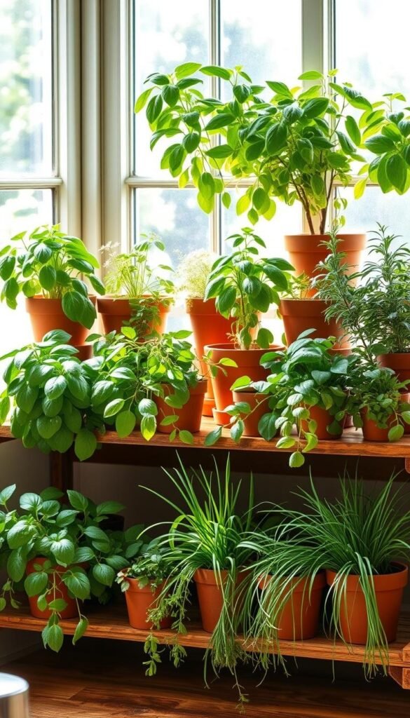 An organized kitchen herb garden layout showcasing the best herbs to grow - lush green basil, fragrant rosemary, vibrant chives, and other culinary favorites. Sunlight streams in through a large window, illuminating the arrangement of terracotta pots on rustic wooden shelves. The plants are brimming with life, their leaves gently swaying. A sense of tranquility and nourishment pervades the scene, inviting the viewer to immerse themselves in the joy of cultivating a thriving indoor herb oasis.