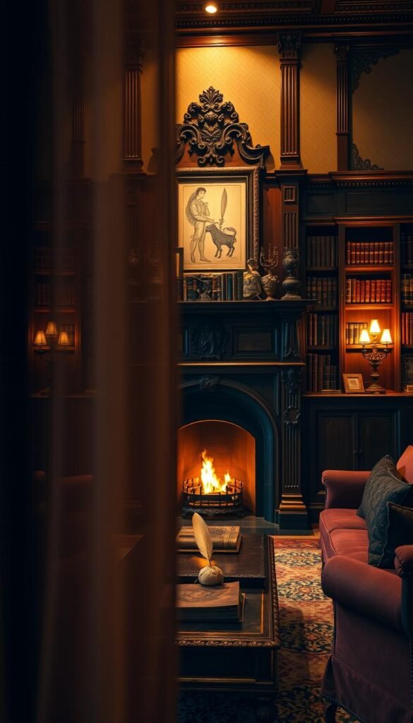 An ornate Victorian-style living room with rich, dark wood furnishings and plush, velvet upholstery.