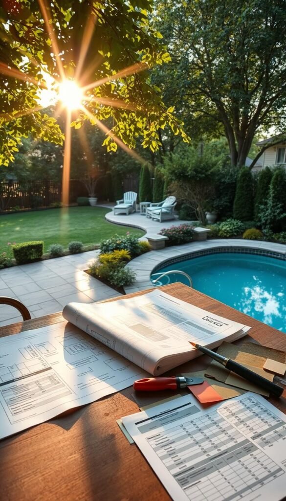 An outdoor patio overlooking a well-manicured pool, with lush greenery and a cozy seating area. The sunlight filters through leafy trees, casting a warm, golden glow across the scene. Detailed blueprints and budget calculations are spread out on a wooden table, surrounded by gardening tools and samples of landscaping materials. The overall mood is one of careful planning and consideration, with a sense of peaceful, contemplative focus on the task at hand.