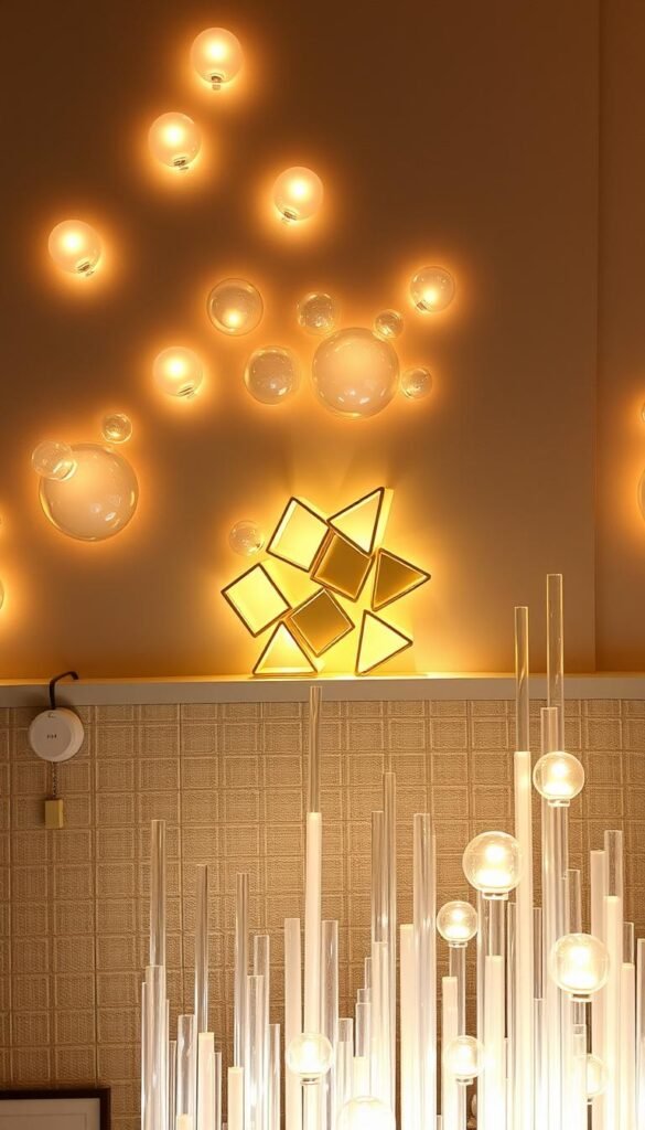 Artistic wall lighting display featuring a stunning array of illuminated glass sculptures and geometric shapes.