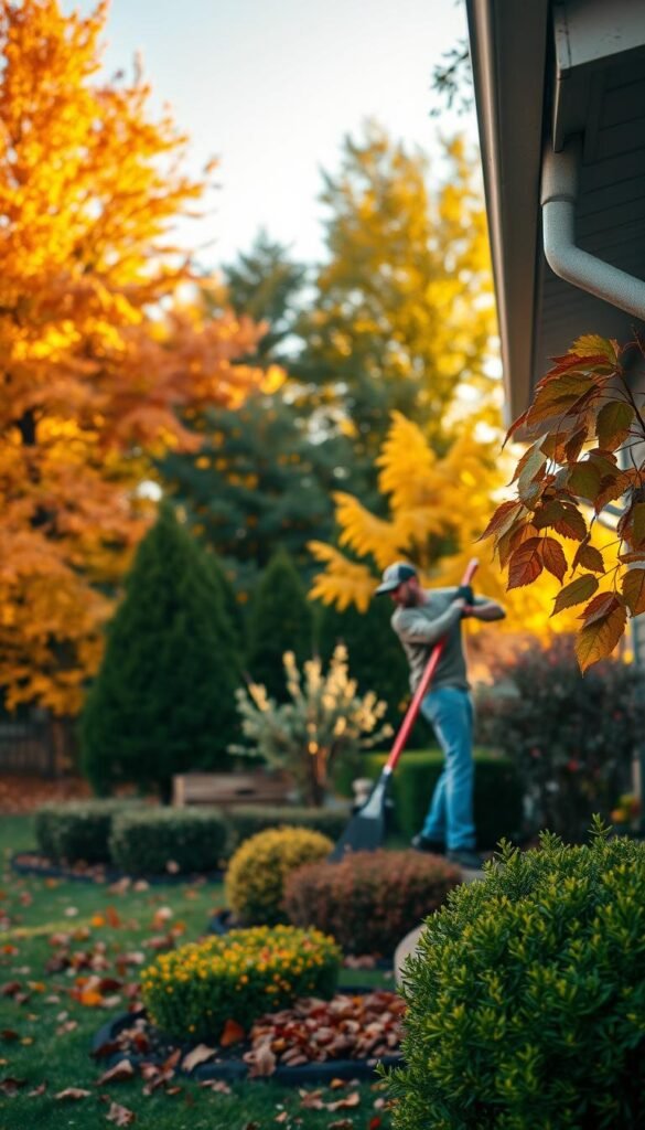 Autumn landscape with seasonal home maintenance tasks. Lush, vibrant foliage in the background, with a well-manicured front yard in the foreground. Close-up view of a person in casual attire raking leaves, pruning shrubs, and cleaning gutters. Warm, golden afternoon sunlight filters through the trees, casting a cozy, inviting atmosphere. Detailed textures of materials like wood, metal, and natural elements. The scene conveys a sense of productive, yet peaceful, autumn activities to prepare the home for the changing seasons.