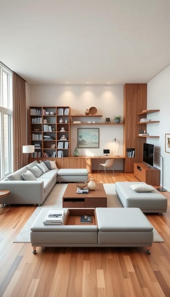 Bright and airy living room with a well-designed layout, showcasing clever furniture arrangement and organization.