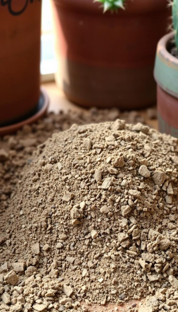 Cactus potting soil, a rich and well-draining mixture, sits in the foreground, its earthy tones and coarse texture inviting gentle fingers to sift through its nutrient-dense grains. Backlit by a soft, natural light, the soil cascades in layers, revealing its carefully balanced composition of perlite, sand, and organic compost. Surrounding the soil, the scene is framed by the subtle curves and muted greens of terracotta pots, their weathered surfaces hinting at the resilience of the desert-dwelling plants they will soon contain. The overall mood is one of tranquility and anticipation, setting the stage for the upcoming task of repotting a thriving cactus.
