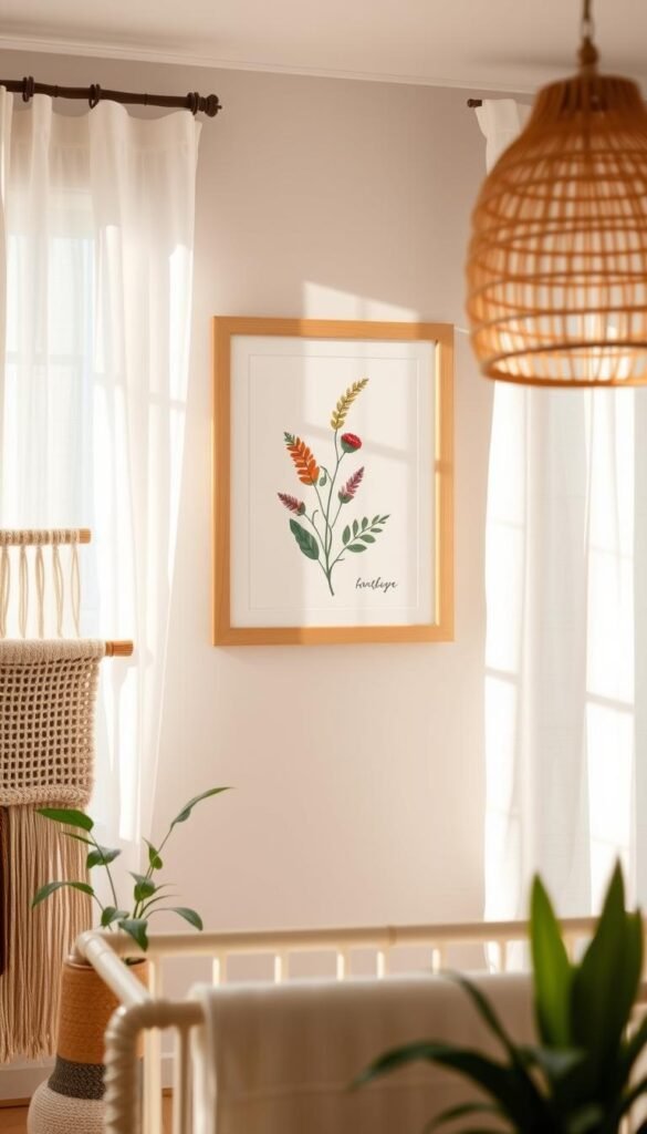 Calm, neutral-toned boho nursery with handmade personalized wall art. A natural wood frame features a hand-painted botanical illustration in soft earth tones, accented with touches of terracotta and sage. Sunlight filters through sheer curtains, casting a warm glow over the space. In the foreground, a woven wall hanging in muted tones complements the artwork. Potted plants and a rattan pendant light add organic texture to the serene, cozy ambiance. The overall vibe is one of rustic, earthy elegance - a beautiful, personalized space for a newborn.
