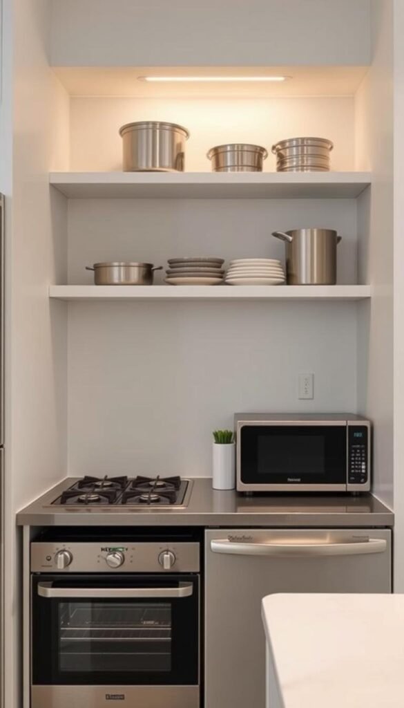 Compact appliances neatly arranged in a modern, minimalist kitchen. Sleek, stainless steel cooktop, oven, and dishwasher tucked into a streamlined, space-saving design. Floating shelves above hold essential cookware, creating an illusion of openness. Soft, indirect lighting casts a warm glow, enhancing the sense of efficiency and organization. Neutral tones of gray and white dominate the scene, accented by a touch of greenery for a fresh, natural touch. The overall atmosphere evokes a harmonious blend of function and style, perfectly suited for a small, urban kitchen.