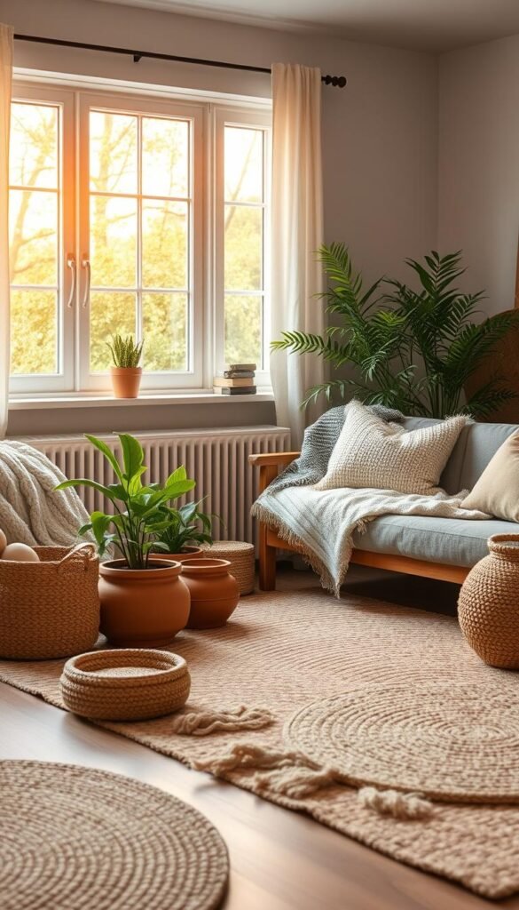 Cozy Scandinavian living room with plush textured blankets, soft wool rugs, and natural woven baskets.