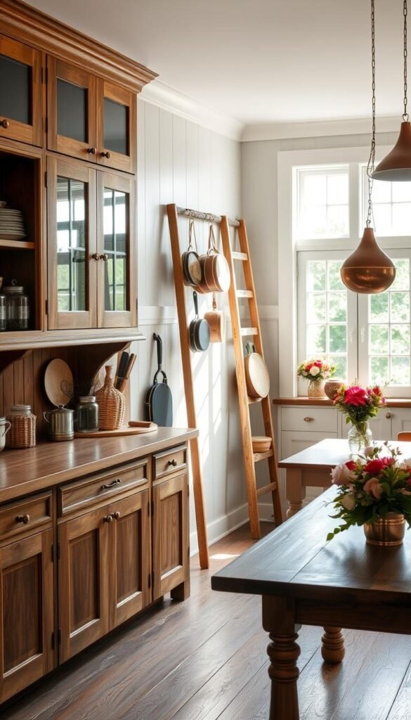 Cozy cottage kitchen, sun-drenched and filled with rustic charm. Farmhouse-style wooden cabinetry, adorned with weathered brass hardware, provides ample storage space. Woven baskets and jars line the shelves, housing an assortment of cooking essentials. A vintage ladder leans against the wall, its rungs serving as a display for hanging pots and pans. Warm, natural lighting streams through the large, casement windows, casting a soft glow over the weathered wood surfaces. Quaint copper accents and a cheerful floral arrangement on the farmhouse-style table complete the inviting, homey atmosphere.