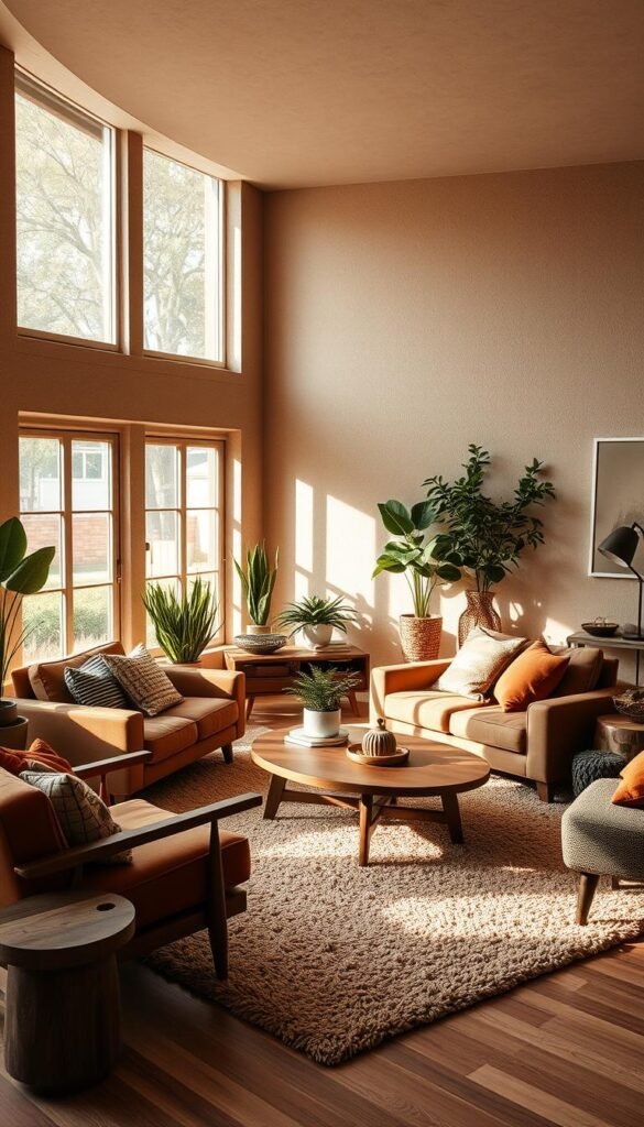 Cozy earthy living room with natural textures and tones.