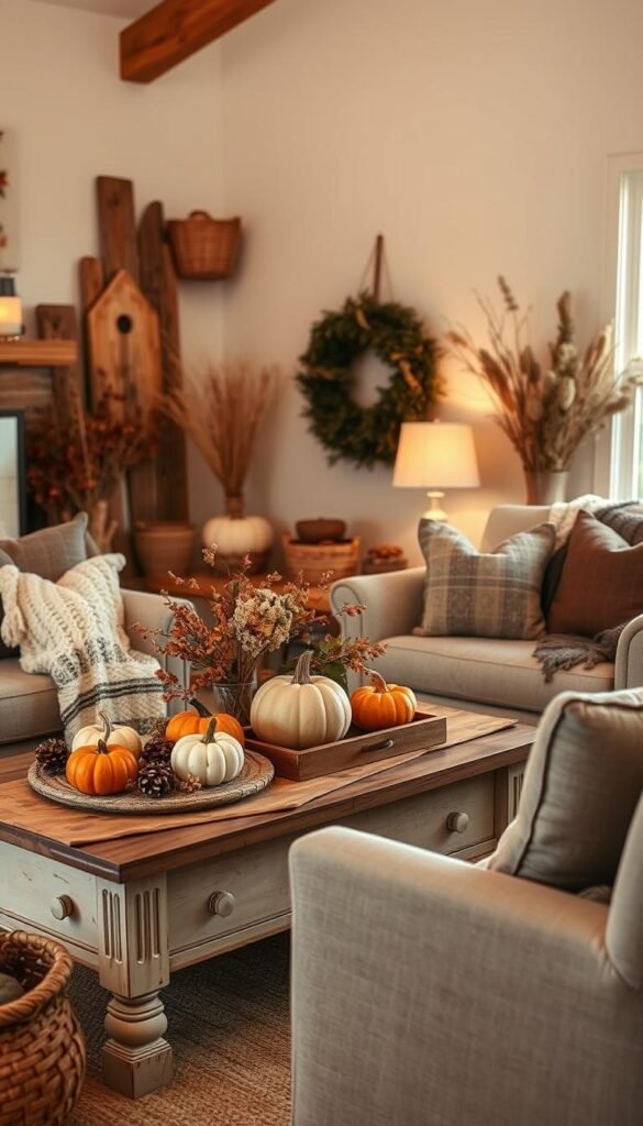 Cozy fall living room decor with rustic wood accents, knitted blankets, and an abundance of natural elements.