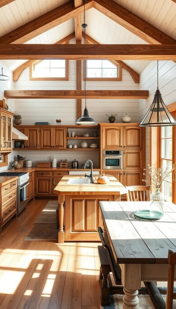 Cozy farmhouse kitchen layout, bright and airy with natural light streaming through large windows. Rustic wooden cabinets, butcher block countertops, and a vintage-inspired farmhouse sink. A central island with modern pendant lighting casts a warm glow. Exposed beams and shiplap walls create a charming, country-inspired ambiance. Antique accents, such as mason jars and a weathered wooden table, add to the authentic farmhouse aesthetic. Soft, earthy tones and natural textures blend seamlessly, evoking a sense of timeless, homey comfort. Wide-angle lens captures the spacious, open-concept layout, showcasing the harmonious flow between the cooking, dining, and living areas.