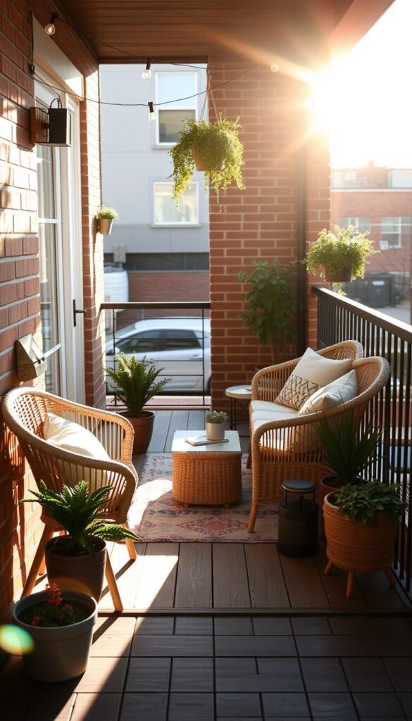 Cozy front porch with wicker furniture, potted plants, and string lights in a small urban setting. Bright, warm afternoon sunlight illuminates the space, casting gentle shadows. Wooden floorboards, a decorative rug, and a few plush cushions create a welcoming atmosphere. Minimal, Scandinavian-inspired decor accentuates the limited square footage. A hanging plant or two, and a small side table for potted florals or a lantern complete the charming, space-efficient layout. The porch seamlessly blends into the brick facade, capturing the essence of a quaint, inviting entryway. Cozy front porch with wicker furniture, potted plants, and string lights in a small urban setting. Bright, warm afternoon sunlight illuminates the space, casting gentle shadows. Wooden floorboards, a decorative rug, and a few plush cushions create a welcoming atmosphere. Minimal, Scandinavian-inspired decor accentuates the limited square footage. A hanging plant or two, and a small side table for potted florals or a lantern complete the charming, space-efficient layout. The porch seamlessly blends into the brick facade, capturing the essence of a quaint, inviting entryway.