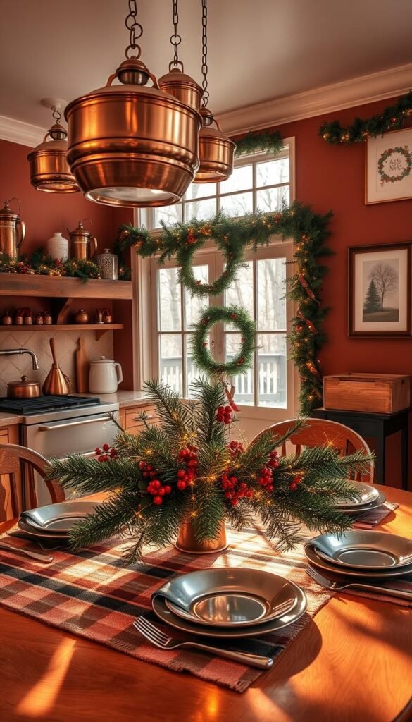 Cozy holiday kitchen, festive decor adorning the countertops and shelves.