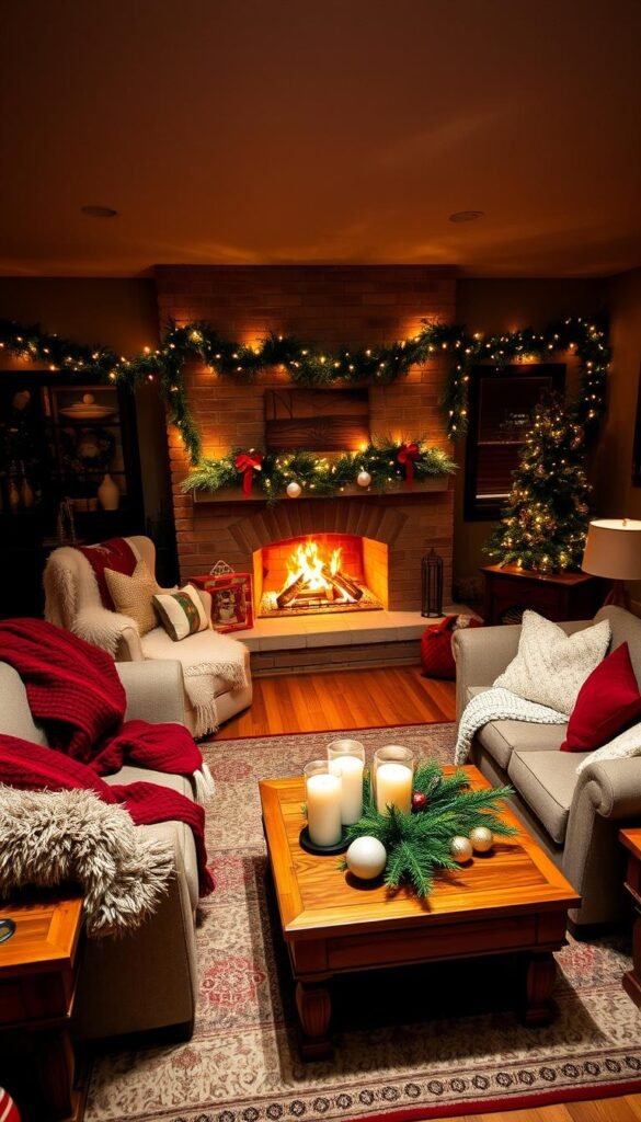 Cozy textiles draped over plush armchairs and sofas, creating a warm and inviting holiday atmosphere in a dimly lit living room.