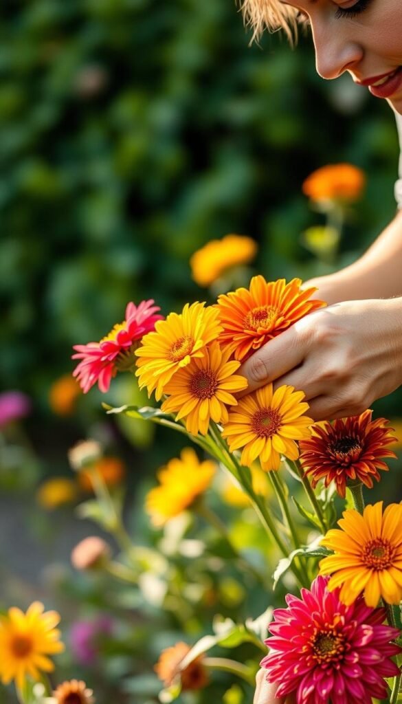 Detailed close-up of a gardener's hands carefully deadheading vibrant late summer flowers, such as zinnias, marigolds, and dahlias, against a soft, blurred background of lush greenery. Warm, golden natural lighting illuminates the delicate petals and the gardener's attentive expression. The scene conveys a sense of seasonal care, quiet focus, and the beauty of tending to one's garden during the transitional late summer season.