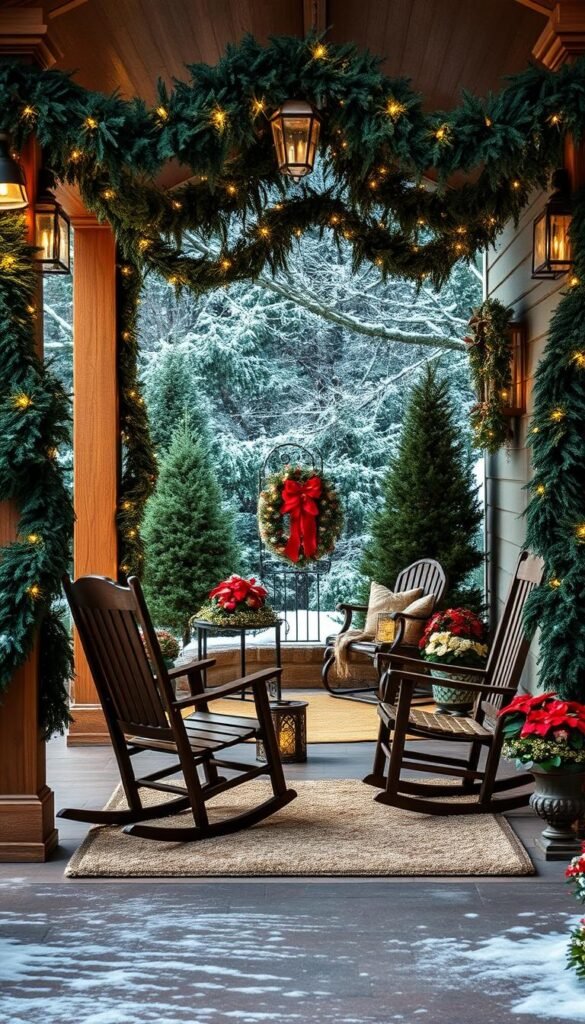 Detailed front porch of a cozy country house, adorned with lush garlands, twinkling fairy lights, and an array of festive decorations. The porch is framed by sturdy wooden pillars and a charming gabled roof, creating a warm and inviting atmosphere. In the foreground, a pair of rocking chairs sit on a plush, textured rug, inviting visitors to pause and take in the serene winter scene. The middle ground features potted poinsettias, a rustic wreath, and a vintage sleigh filled with holiday trinkets. In the background, a light dusting of snow covers the lush greenery, adding to the magical, wintry ambiance. Soft, natural lighting illuminates the porch, casting a gentle glow and highlighting the intricate details of the festive decor.