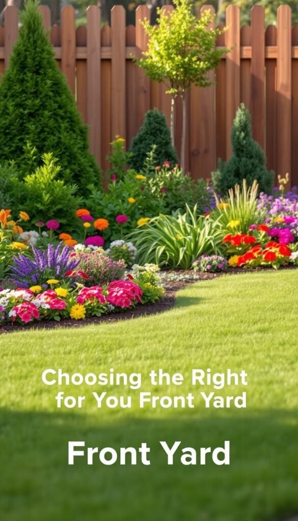 Detailed front yard landscaping design with a vibrant, lush arrangement of flowering plants and greenery. A neatly manicured lawn serves as the foreground, leading the eye towards a variety of colorful perennials, shrubs, and small trees in the middle ground. The background features a well-maintained wooden fence, creating a sense of enclosure and privacy. Warm, natural lighting gently illuminates the scene, casting soft shadows and highlighting the textural elements. The overall composition conveys a welcoming, serene atmosphere, perfectly suited for the "Choosing the Right Plants for Your Front Yard" section.