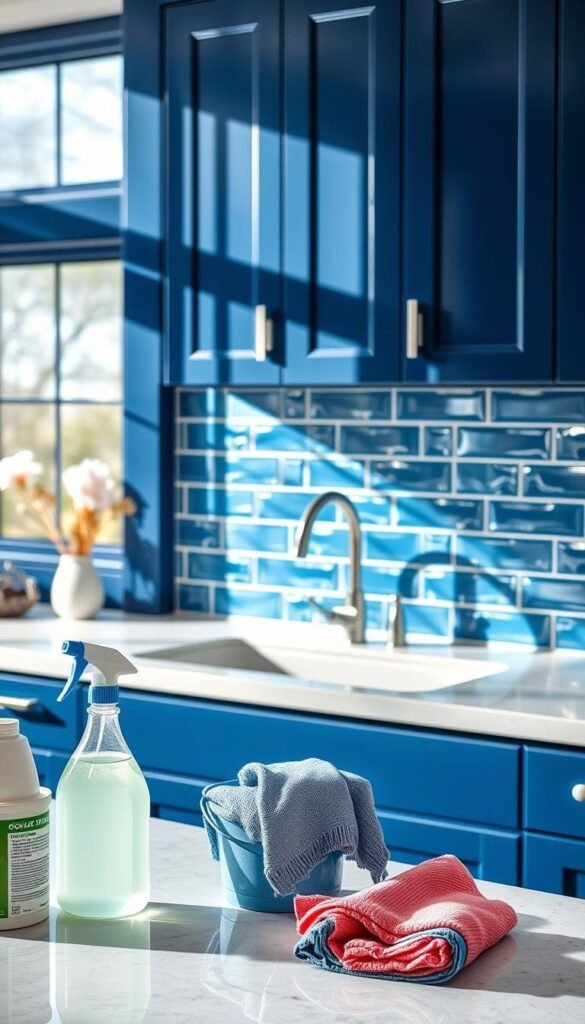 Detailed image of a well-lit, modern blue kitchen showcasing maintenance tips. In the foreground, various cleaning supplies, a bucket, and microfiber cloths are neatly arranged. In the middle ground, a sparkling quartz countertop and a porcelain farmhouse sink take center stage. The backsplash features lustrous blue subway tiles that reflect the natural light streaming in from large windows in the background. Sleek, handleless cabinet doors in a rich, navy blue hue line the walls, accentuated by subtle under-cabinet lighting. The overall atmosphere is one of clean, organized efficiency, with a focus on maintaining the beauty and functionality of this stunning blue kitchen.