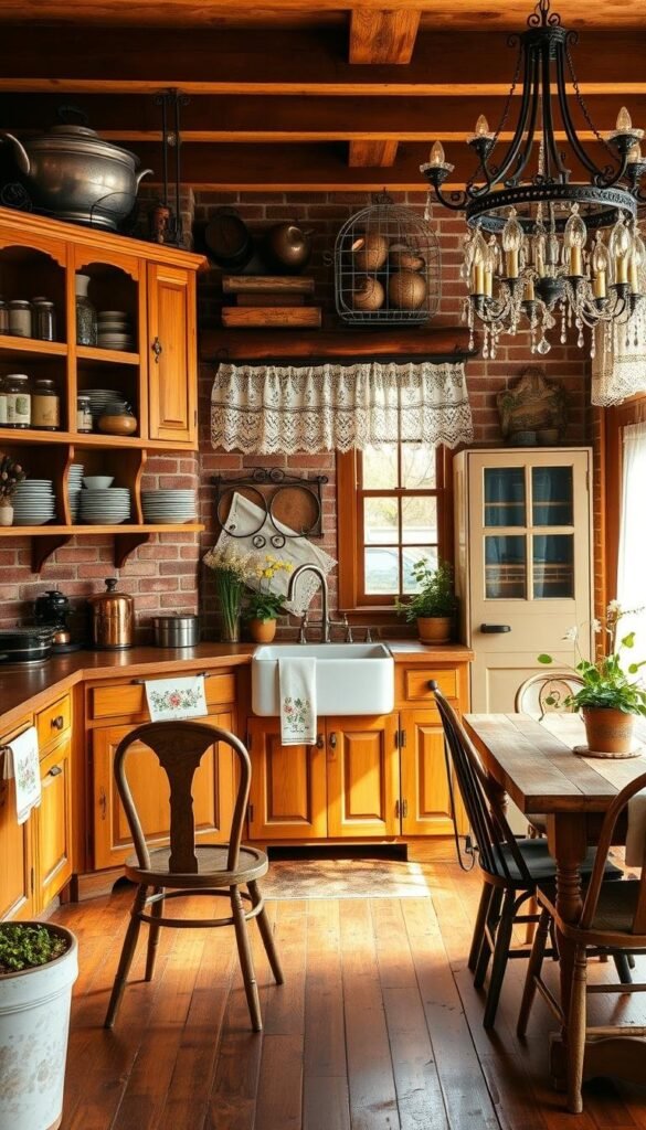 Detailed vintage kitchen interior, warm golden lighting, natural wooden cabinets and shelves, antique copper pots and pans, glass jars with herbs, aged brick backsplash, farmhouse sink, ornate chandelier, lace curtains, floral patterns on tea towels, rustic wooden table with mismatched chairs, worn hardwood floors, potted plants, cozy atmosphere evoking an old-world charm.