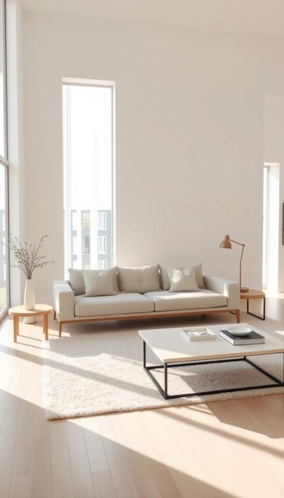 Elegant Scandinavian minimalist furniture in a bright, airy living room.