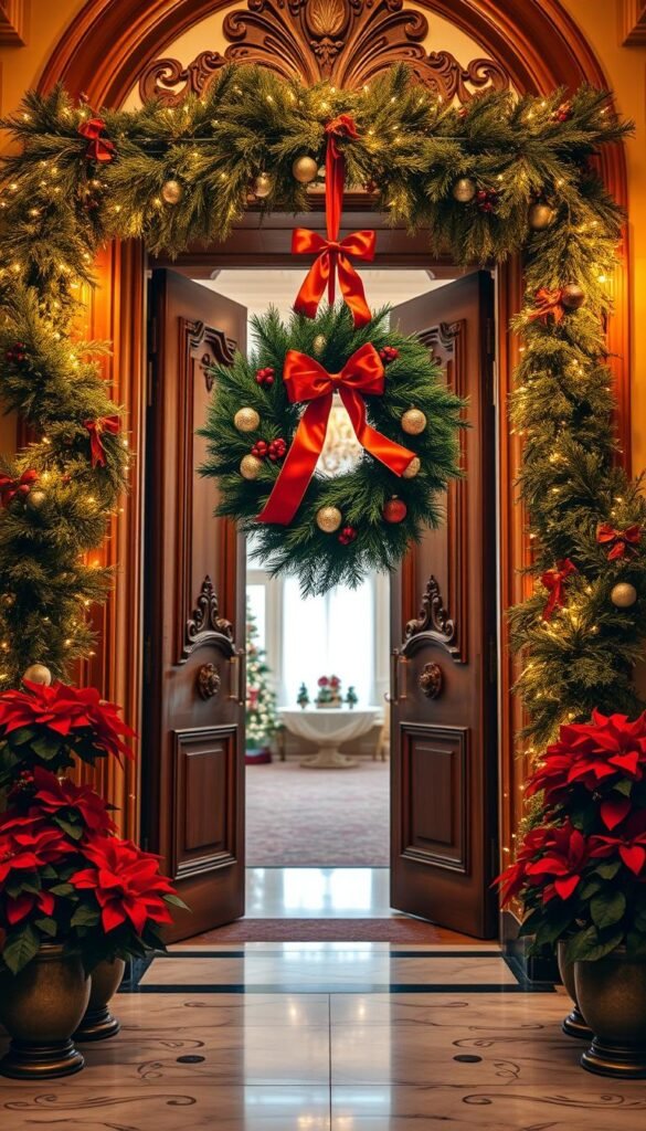 Elegant holiday entryway decor, bathed in warm golden light.