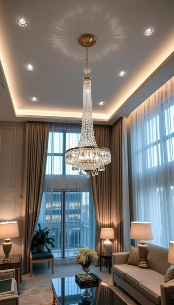 Elegant living room with sophisticated lighting principles.