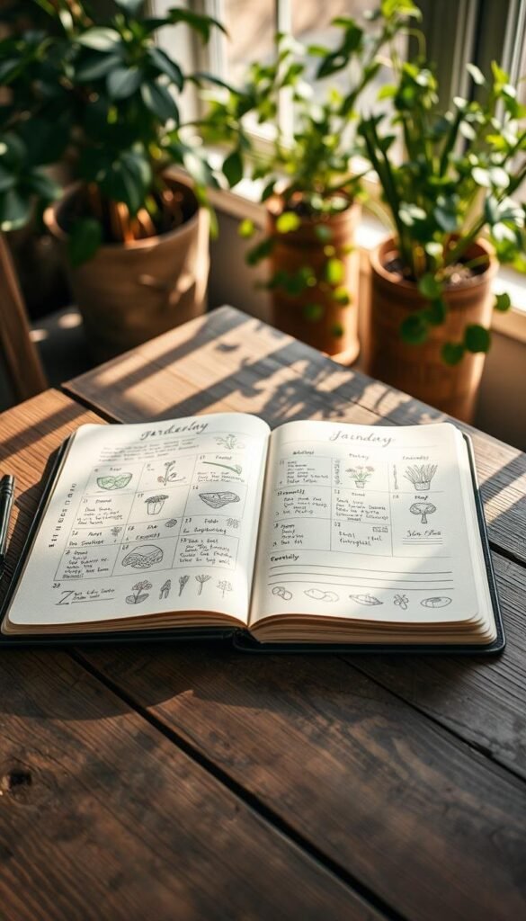Gardening diary with delicate hand-drawn monthly logs, laid out neatly on a rustic wooden table. The pages are filled with whimsical botanical illustrations, sketches of plants and flowers, and carefully recorded notes about seasonal tasks and observations. Soft natural light filters through a window, casting warm shadows across the weathered surface. In the background, a lush indoor plant arrangement frames the scene, adding depth and a sense of serenity. The overall atmosphere evokes a sense of mindful reflection and a deep appreciation for the rhythms of nature.
