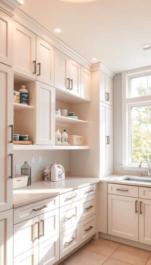 High-quality, well-organized laundry room cabinets with abundant storage, illuminated by warm, natural lighting streaming through large windows. The cabinets have a minimalist, modern design with clean lines and a sleek, white finish that blends seamlessly with the light, airy atmosphere. Shelves and drawers provide ample space for neatly storing laundry essentials, detergents, and other household items. A combination of recessed and under-cabinet lighting creates a soft, inviting glow that enhances the room's functional and aesthetic appeal. The cabinets are thoughtfully positioned to maximize efficiency and workflow, complementing the practical, yet stylish nature of the space.