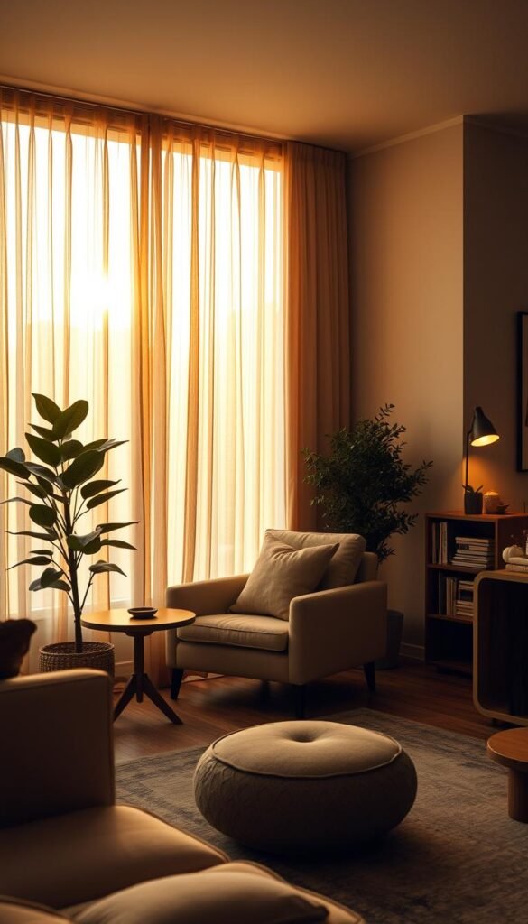 Intimate living room in an open-concept space, featuring a cozy seating area with a plush armchair and a small side table.