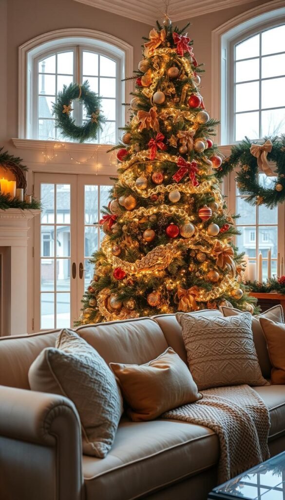 Intricate yet elegant holiday decor adorns a cozy, well-lit living room.