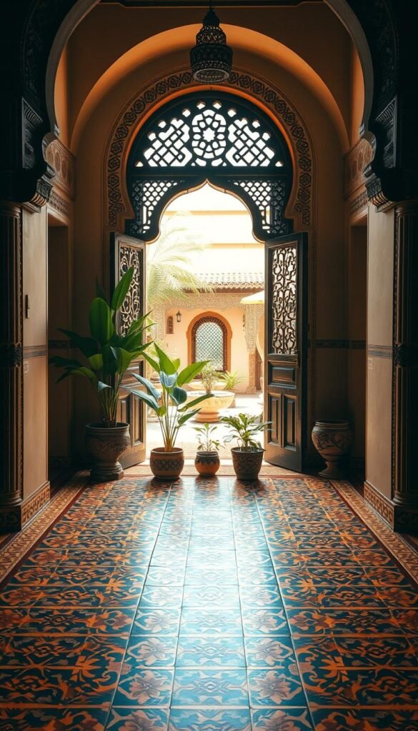 Intricately detailed Moroccan-style interior scene with a focus on a richly ornate tiled floor, featuring vibrant geometric patterns in warm earth tones.