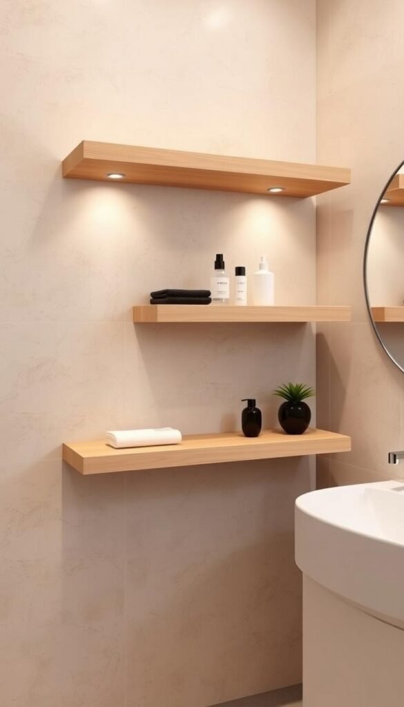 Intricately detailed wall-mounted floating shelves, seamlessly integrated into a minimalist bathroom setting.