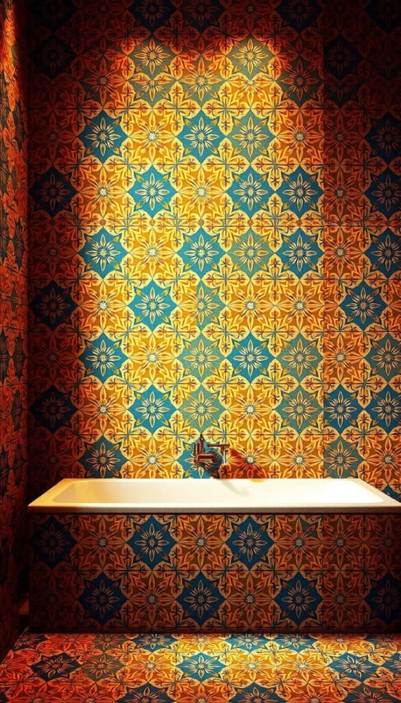 Intricately patterned zellige tiles in warm Moroccan hues, showcasing a mesmerizing array of geometric designs.