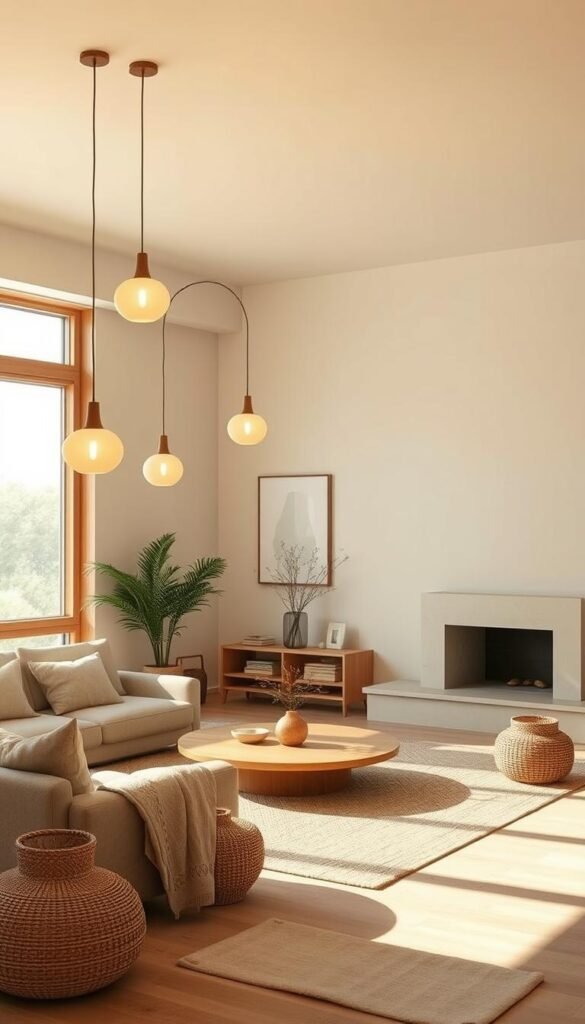 Japandi living room with a minimalist, natural aesthetic.