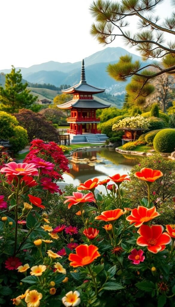 Lush Japanese garden with vibrant flowers in the foreground, featuring a serene koi pond and a traditional pagoda in the middle ground, all set against a backdrop of rolling hills and a stunning mountain landscape. Soft, warm lighting casts a gentle glow over the scene, creating a sense of tranquility and harmony. The composition is balanced and visually striking, inviting the viewer to immerse themselves in the beauty of Japanese landscaping design.