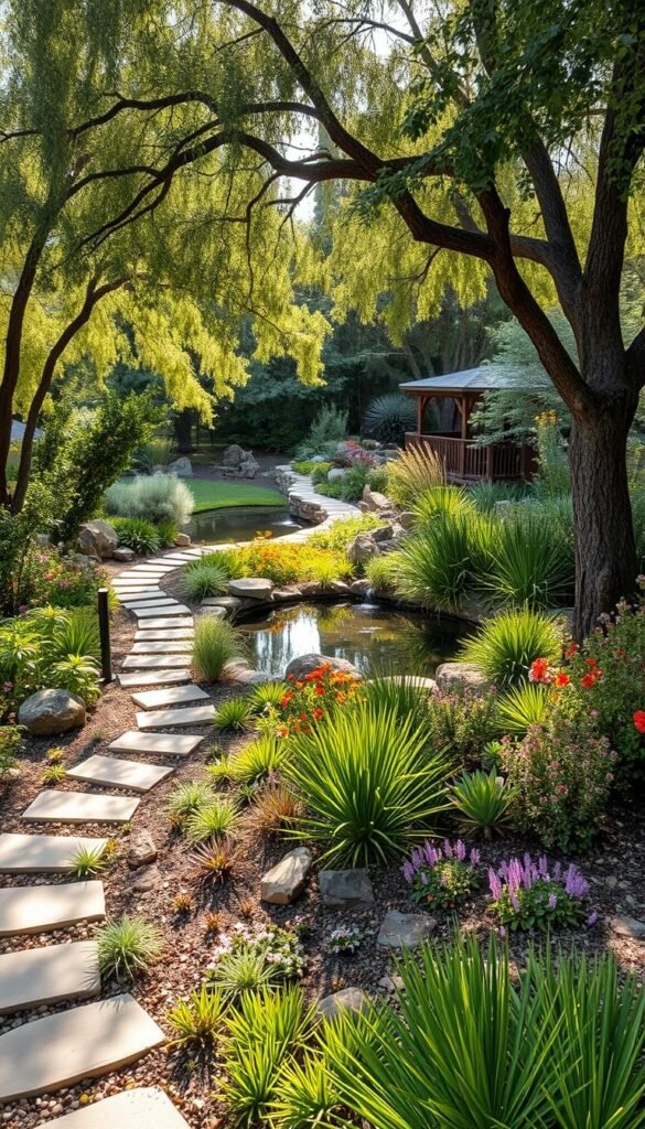 Lush backyard sanctuary with native plants, winding stone pathways, and a serene pond. Soft natural light filters through the canopy of mature trees, casting gentle shadows. In the foreground, a variety of drought-tolerant succulents and perennials create a vibrant, low-maintenance groundcover. The middle ground features a mix of flowering shrubs and ornamental grasses, providing year-round interest. At the back, a small wooden deck overlooks the tranquil waters, inviting relaxation and connection with the outdoors. An overall sense of harmony and sustainability pervades the scene, showcasing how thoughtful landscape design can transform a backyard into a verdant, eco-friendly oasis. Lush backyard sanctuary with native plants, winding stone pathways, and a serene pond. Soft natural light filters through the canopy of mature trees, casting gentle shadows. In the foreground, a variety of drought-tolerant succulents and perennials create a vibrant, low-maintenance groundcover. The middle ground features a mix of flowering shrubs and ornamental grasses, providing year-round interest. At the back, a small wooden deck overlooks the tranquil waters, inviting relaxation and connection with the outdoors. An overall sense of harmony and sustainability pervades the scene, showcasing how thoughtful landscape design can transform a backyard into a verdant, eco-friendly oasis.