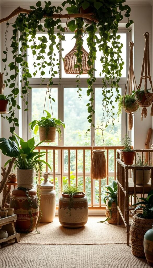 Lush botanical nursery decor with trailing vines, cascading potted plants, and natural driftwood accents. Warm, diffused lighting illuminates the earthy color palette and rustic textures. Vintage-inspired ceramic planters and woven macrame hangers add bohemian charm. The scene is framed by a large window overlooking a tranquil garden, creating a serene, nature-inspired atmosphere. Soft, hazy focus on the foreground elements, with the background gently blurred to draw the eye inward. Overall, a harmonious, soothing vision of a nature-inspired boho nursery.