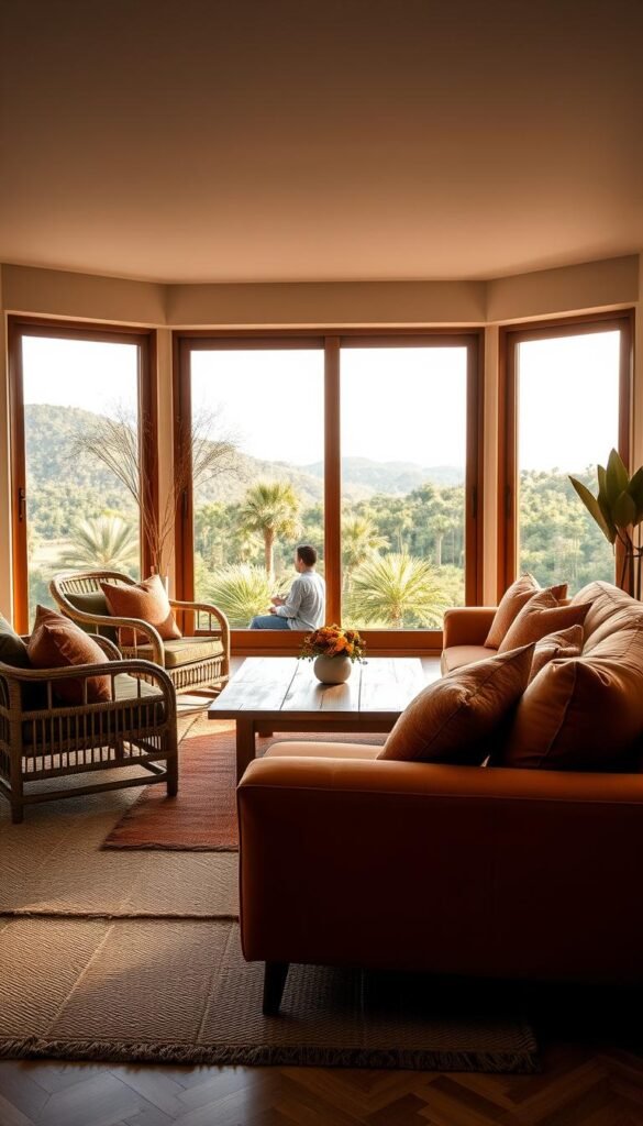 Lush, earthy tones cascade across a serene living space, creating a warm and inviting atmosphere.