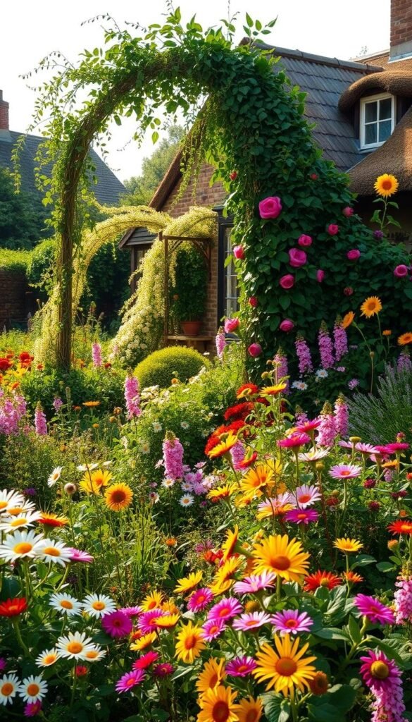 Lush, sprawling cottage garden overflowing with vibrant blooms. In the foreground, a profusion of whimsical flowers - trailing vines, bright daisies, and cheerful sunflowers. The middle ground features an arbor draped in fragrant climbing roses, leading the eye deeper into the serene landscape. In the background, a charming stone cottage with a thatched roof nestled amongst verdant foliage. Soft, golden natural lighting filters through the scene, casting a warm, inviting glow. The overall impression is one of rustic charm, natural abundance, and tranquil beauty - a haven for the senses.