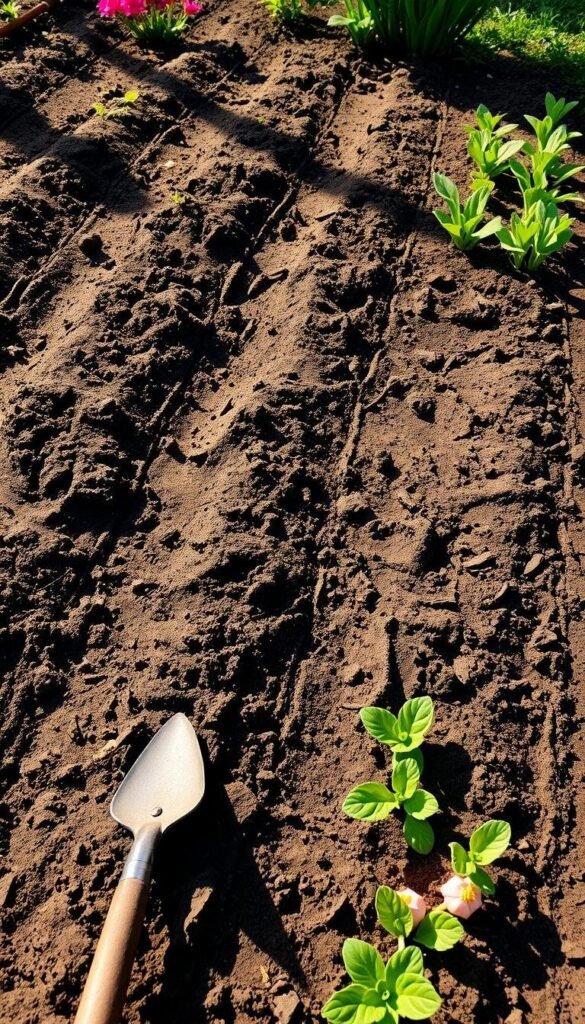 Lush spring garden bed, freshly tilled earth, sunlight gently filtering through soft clouds. Rows of neatly turned soil, ready to receive new life. Gardening tools - trowel, rake, and hoe - stand at the ready. Colorful seedlings and bulbs await planting, their vibrant hues promising a kaleidoscope of blooms. A sense of anticipation and renewal fills the air, as the gardener prepares the ideal conditions for a bountiful spring harvest. Crisp, clean light illuminates the scene, casting long shadows and highlighting the rich, dark loam. The composition is balanced, with the garden bed taking center stage, framed by the gentle curves of the landscape.