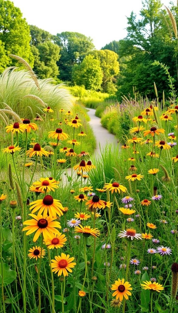 Lush, vibrant native wildflowers bloom amidst a sustainable, eco-friendly landscape. Swaying stems and delicate petals in an array of warm hues - yellows, oranges, purples - stretch towards the soft, diffused natural light. In the foreground, a mix of coneflowers, black-eyed Susans, and asters create a colorful, inviting tapestry. A winding path leads the eye through the middle ground, surrounded by native grasses and shrubs that provide shelter for local wildlife. In the distance, a verdant backdrop of mature trees frames the scene, conveying a sense of harmony between the cultivated and the wild. The overall mood is one of serene beauty, showcasing the natural splendor of a thoughtfully designed, sustainable wildflower garden. Lush, vibrant native wildflowers bloom amidst a sustainable, eco-friendly landscape. Swaying stems and delicate petals in an array of warm hues - yellows, oranges, purples - stretch towards the soft, diffused natural light. In the foreground, a mix of coneflowers, black-eyed Susans, and asters create a colorful, inviting tapestry. A winding path leads the eye through the middle ground, surrounded by native grasses and shrubs that provide shelter for local wildlife. In the distance, a verdant backdrop of mature trees frames the scene, conveying a sense of harmony between the cultivated and the wild. The overall mood is one of serene beauty, showcasing the natural splendor of a thoughtfully designed, sustainable wildflower garden.