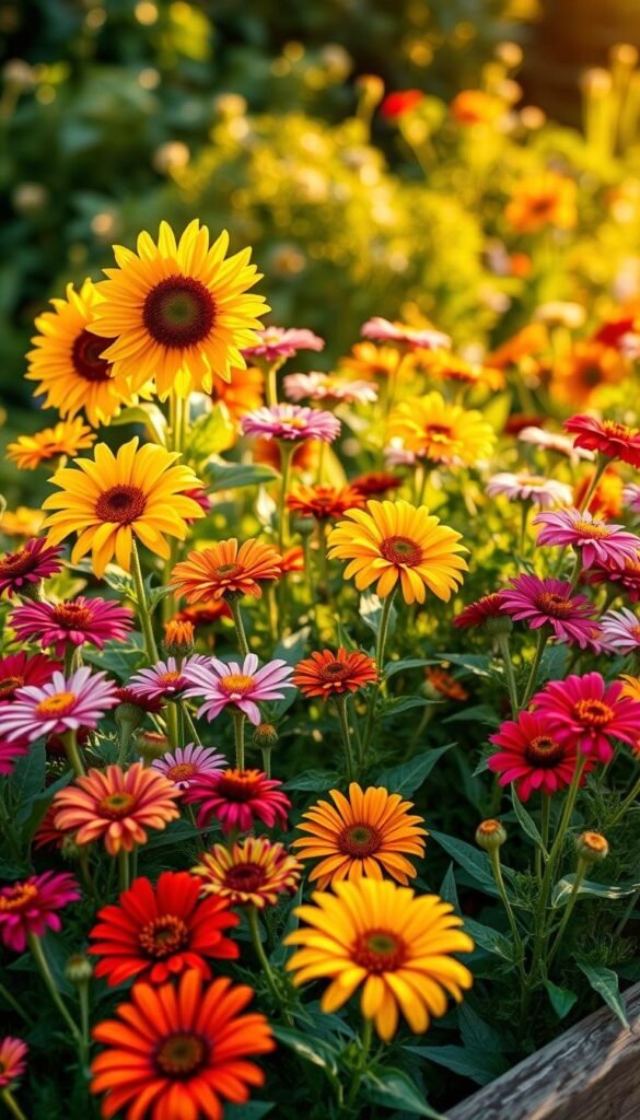 Lush, vibrant summer flower garden in warm golden afternoon light. Close-up view of a variety of blooming flowers - sunflowers, zinnias, marigolds, and cosmos - arranged artfully in a well-tended, raised garden bed. Soft, pleasing depth of field with blurred background of green foliage. Natural, organic composition that draws the eye to the colorful, healthy flowers. Careful attention to gardening details like pruning, weeding, and soil health reflected in the thriving plants. Serene, tranquil atmosphere that inspires appreciation for the beauty and care of a summer flower garden.