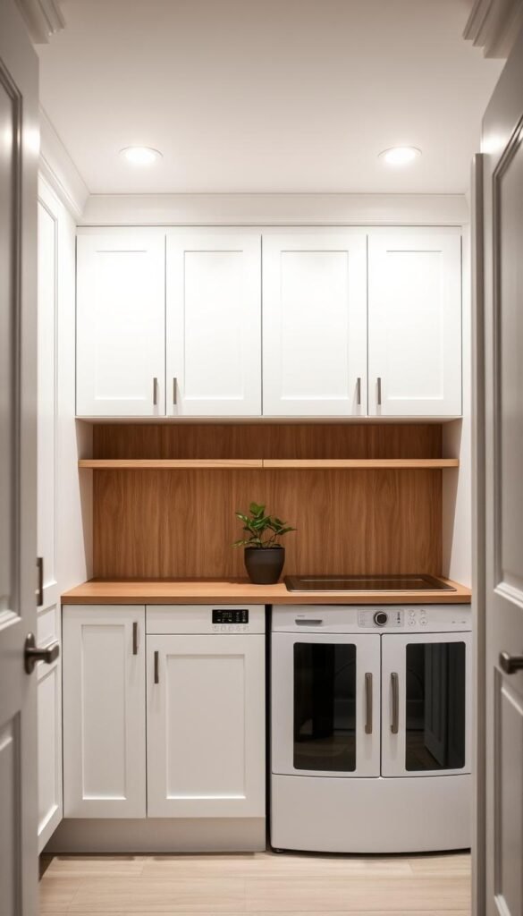 Meticulously organized laundry room cabinets, with clean lines and a minimalist aesthetic. Illuminated by soft, diffused lighting from recessed fixtures, casting a warm glow over the pristine white and wood-toned surfaces. The cabinets, designed with ample storage space, feature a mix of open shelving and closed doors, allowing for a mix of practical and display-worthy organization. The cabinets are positioned against a neutral-toned backsplash, complementing the overall calming and streamlined atmosphere. A subtle, yet impactful focal point is created by the strategic placement of a small potted plant, adding a touch of natural greenery to the space. The entire scene conveys a sense of efficiency, tidiness, and thoughtful design - a practical yet stylish solution for the small laundry room.