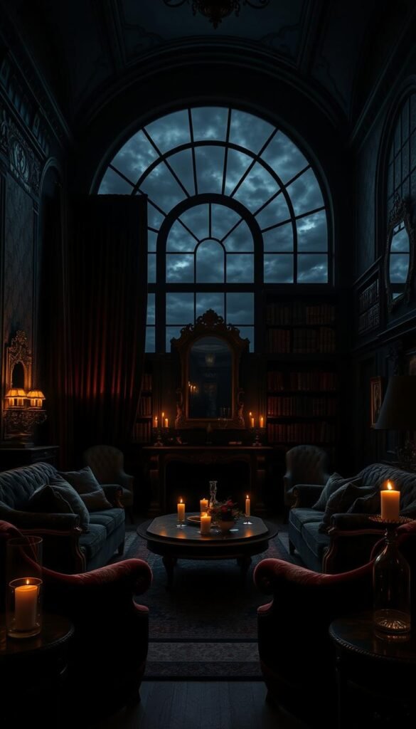 Moody, dimly lit living room with deep, rich color palette.