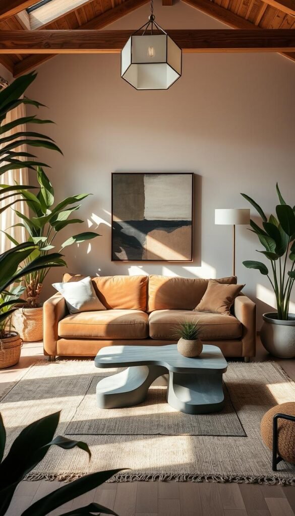 Organic modern living room with statement pieces: A cozy, sun-lit space filled with natural textures and curated decor.