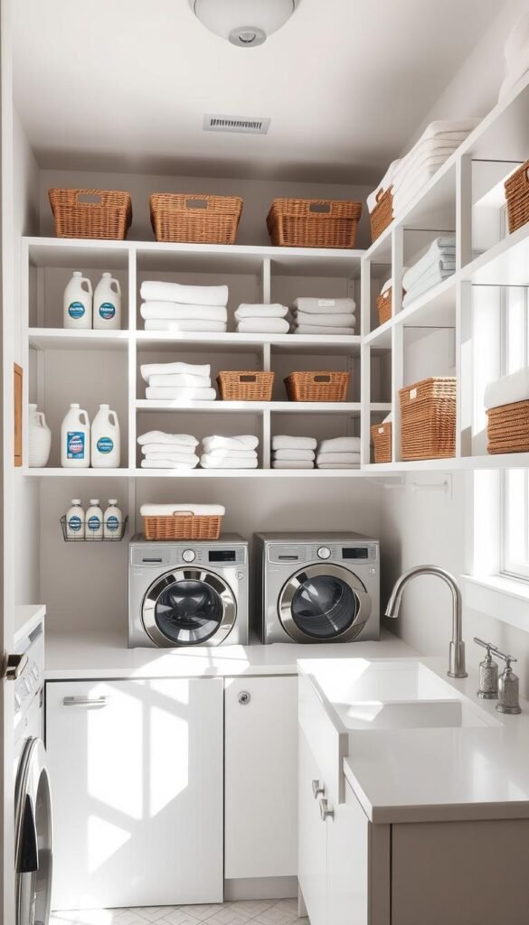 Organized and efficient laundry room featuring neatly arranged shelves and storage solutions. Bright, airy space with natural lighting streaming through windows, illuminating a symmetrical display of detergents, cleaning supplies, and folded linens. Sleek, minimalist shelves in a neutral palette, perfectly sized to maximize vertical space. Carefully curated baskets and labeled containers lend a sense of order and visual appeal. A central work surface provides ample room for sorting and folding, while a modern utility sink stands ready for any cleaning tasks. An overall sense of calm and productivity pervades the scene, capturing the essence of a well-designed, clutter-free laundry room.