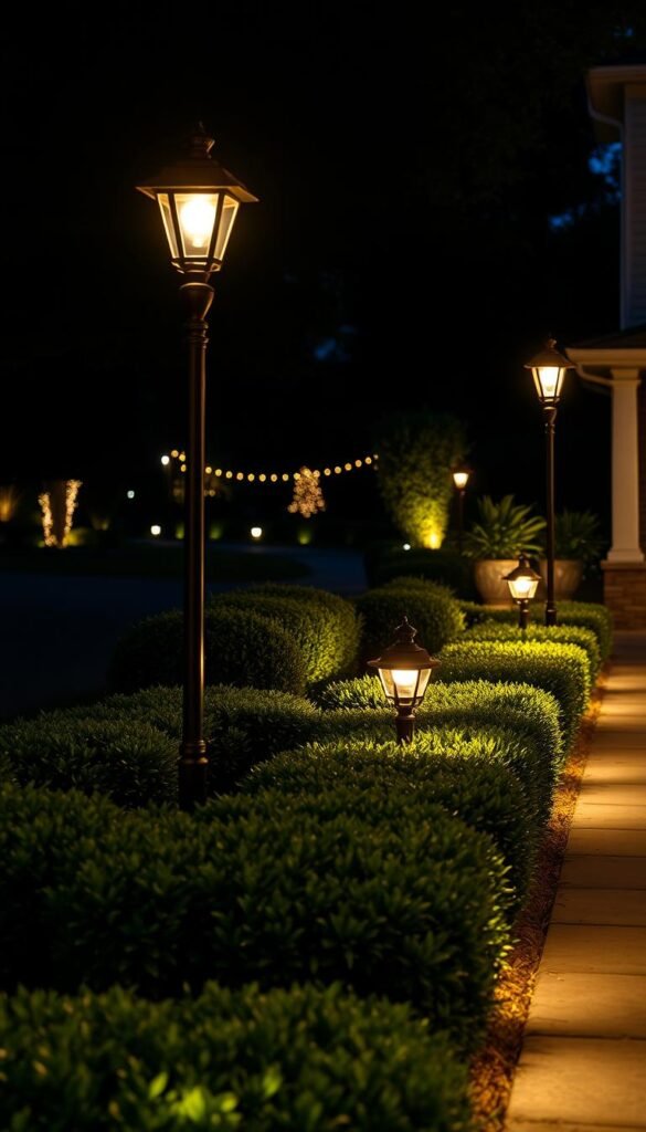 Outdoor lighting, a warm glow illuminating a well-manicured front yard. A stunning pathway lined with delicate garden lights, casting a soft, inviting ambiance. Tall, stately lamp posts dot the scene, their elegant fixtures casting a gentle, even illumination across the lush greenery. In the distance, a mix of subtle up-lighting and path-marking lights create a captivating, cohesive display. The overall atmosphere is one of tranquility and sophistication, perfect for enhancing the curb appeal and functionality of a beautifully landscaped front house.